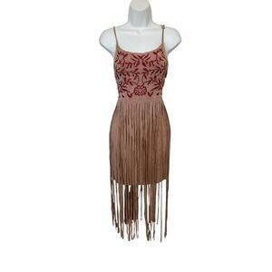 POL Beige Fringe Suede Boho Adj Straps Red Embroidery Bodice Dress L​